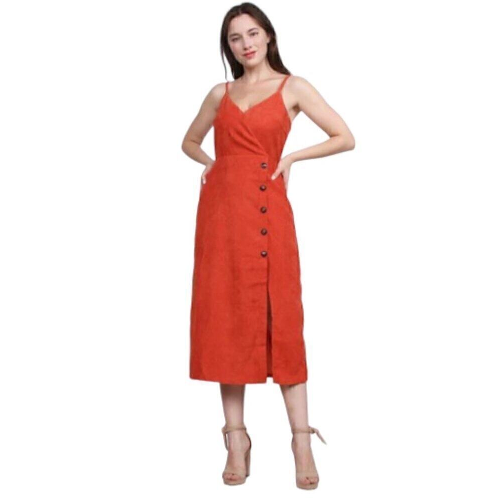 LUSH Orange Sleeveless Surplice Neckline Corduroy Midi Dress Size S